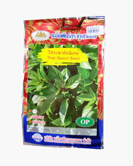 ซองเมล็ดพันธุ์โหระพาคัดพิเศษ-Thai-Sweet-Basil-ตราภูเขาทอง-หน้าซองแสดงรูปกอโหระพาใบสีเขียวสดเป็นมัน-กลิ่นหอม-เก็บได้นาน