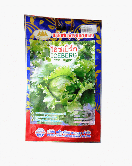 เมล็ดพันธุ์ผักสลัดไอซ์เบิร์ก-Iceberg-ตราภูเขาทอง-หน้าซองแสดงรูปผักกาดหอมห่อหัวสีเขียวอ่อนสดกรอบ-เมล็ดพันธุ์คุณภาพดี