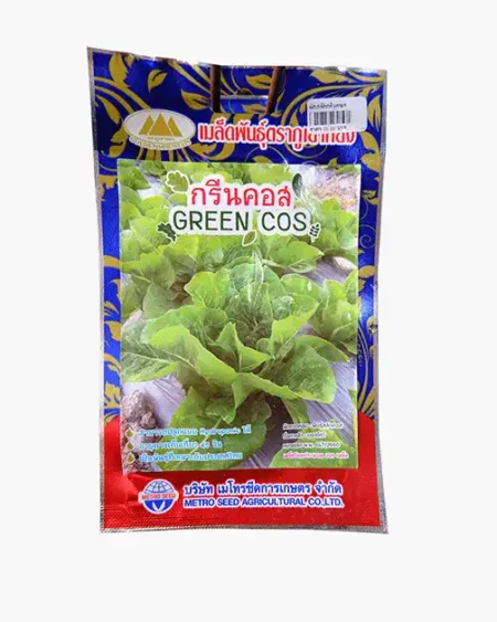 เมล็ดพันธุ์กรีนคอส-Green-Cos-ตราภูเขาทอง-หน้าซองแสดงรูปผักสลัดใบสีเขียวสดทรงยาวพุ่มสวย-เมล็ดพันธุ์คุณภาพดี