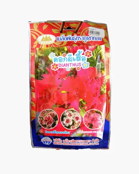เมล็ดพันธุ์ดอกผีเสื้อ-Dianthus-ตราภูเขาทอง-หน้าซองสีแดงสดใส-แสดงรูปดอกผีเสื้อหลากหลายสี