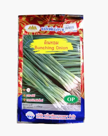 ซองเมล็ดพันธุ์ต้นหอม-Bunching-Onion-ตราภูเขาทอง-หน้าซองแสดงรูปต้นหอมลำต้นขาวใบสีเขียวสดเรียวยาว-รสชาติดี-การเจริญเติบโตดี