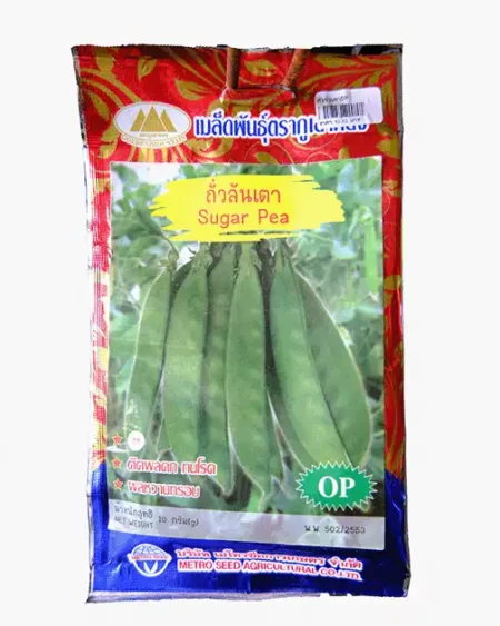ซองเมล็ดพันธุ์ถั่วลันเตา-Sugar-Pea-ตราภูเขาทอง-หน้าซองแสดงรูปฝักถั่วลันเตาสีเขียวสดเรียวสวย-ติดผลดก-ทนโรค-รสหวานกรอบ