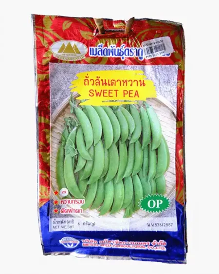 ซองเมล็ดพันธุ์ถั่วลันเตาหวาน-Sweet-Pea-ตราภูเขาทอง-หน้าซองแสดงรูปฝักถั่วลันเตาสีเขียวสดอวบอิ่มเรียงสวย-รสหวานกรอบ-ติดฝักดก
