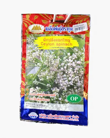 เมล็ดพันธุ์ผักปลังดอกใหญ่-Ceylon-spinach-ตราภูเขาทอง-หน้าซองแสดงรูปช่อดอกขนาดใหญ่สีขาวนวล-เน้นเก็บดอกและยอดรับประทาน