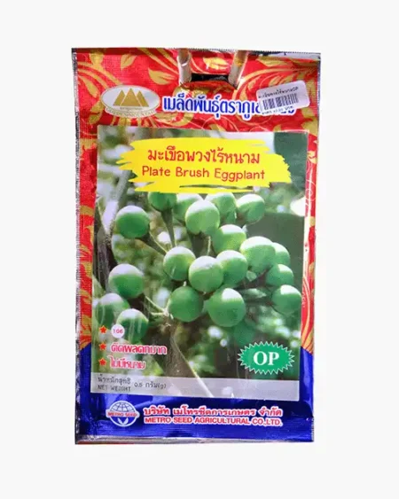 เมล็ดพันธุ์มะเขือพวงไร้หนาม-Plate-Brush-Eggplant-ตราภูเขาทอง-หน้าซองแสดงรูปช่อผลมะเขือพวงสีเขียวสด-ติดผลดกมากเป็นช่อใหญ่