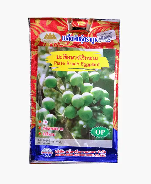 เมล็ดพันธุ์มะเขือพวงไร้หนาม-Plate-Brush-Eggplant-ตราภูเขาทอง-หน้าซองแสดงรูปช่อผลมะเขือพวงสีเขียวสด-ติดผลดกมากเป็นช่อใหญ่