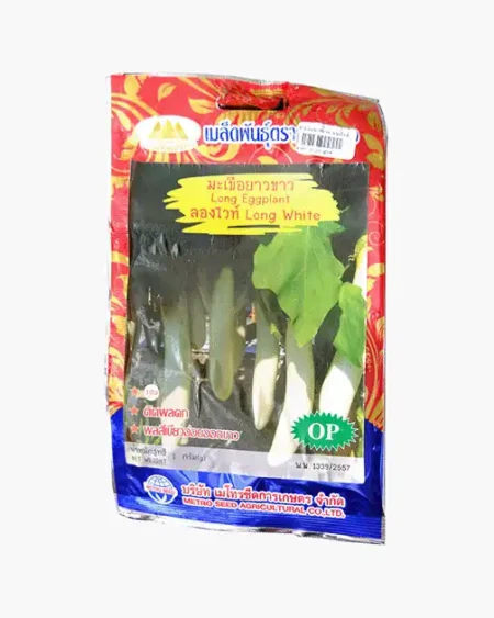 เมล็ดพันธุ์มะเขือยาวขาว-ลองไวท์-Long-White-Eggplant-ตราภูเขาทอง-หน้าซองแสดงรูปผลมะเขือทรงยาวสีขาวนวล-ติดผลดกสวยงาม