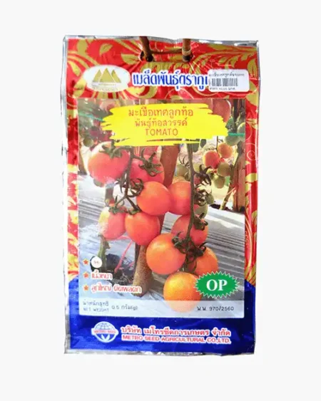 เมล็ดพันธุ์มะเขือเทศลูกท้อ-พันธุ์ท้อสวรรค์-Tomato-ตราภูเขาทอง-หน้าซองแสดงรูปผลมะเขือเทศสีแดงส้มขนาดใหญ่-เนื้อหนาน่ารับประทาน