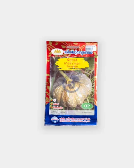 ซองเมล็ดพันธุ์ฟักทองลายข้าวตอก-Pumpkin-ตราภูเขาทอง-หน้าซองแสดงรูปผลฟักทองทรงแป้นผิวสีเขียวเข้มมีลายจุดสีขาวกระจาย-เนื้อในสีส้มเข้มเหนียวมัน